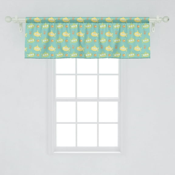 Ambesonne Yellow Submarine Window Valance, Cartoon Submarine with Starfish and Fish, Curtain Valance for Kitchen Bedroom Decor with Rod Pocket, 54" X 18", Seafoam Cream