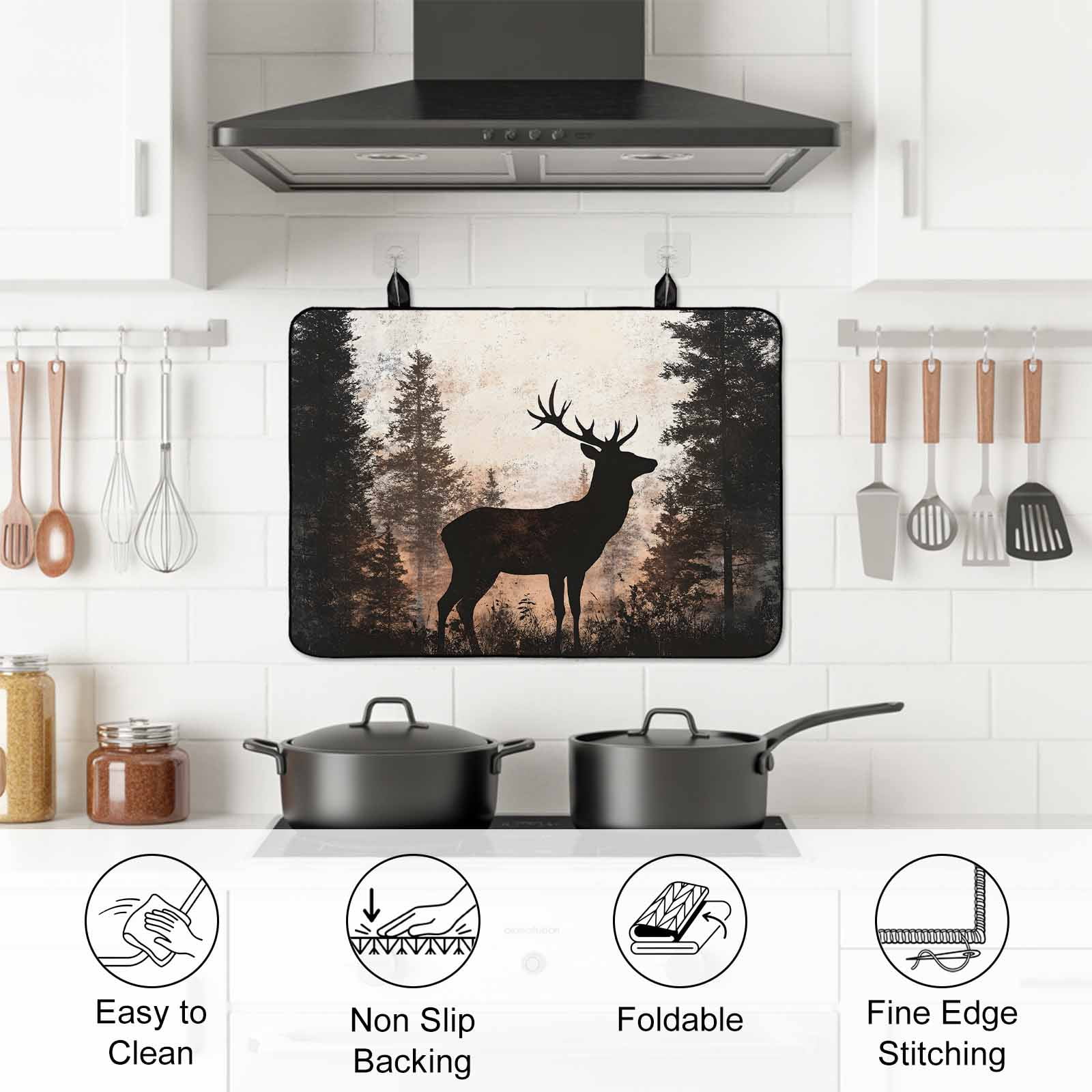 Forest Tree Elk Stove Top Cover for Electric Stove, Heat-proof & Non Slip Glass Top Stove Cover Protector, Vintage Black Deer Animal Wild Plant Kitchen Flat Cooktop Rubber Mat 24x21 Inches