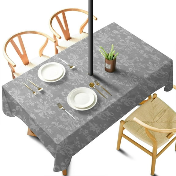 Outdoor Grey Tablecloth with Umbrella Hole and Zipper,Rectangle Waterproof Wrinkle Free Table Cloth Decorative Fabric Washable Table Cover for Patio, Party, Picnic 60 X 102 Inch