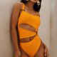 thumbnail image 3 of Traje de baño de 1 pieza para mujer, cuello cuadrado, correa fina recortada, calzoncillos de cintura alta, almohadilla de sujetador extraíble, traje de baño elástico amarillo L, 3 of 5