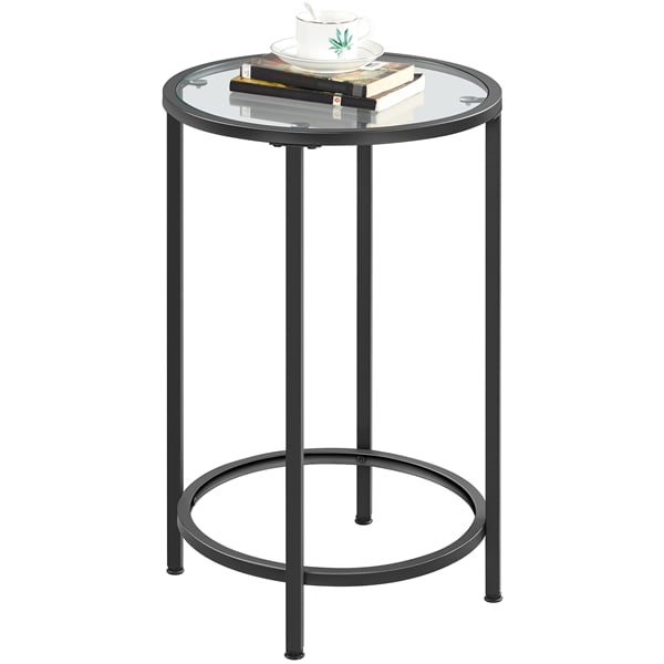 SmileMart Round Metal End Table with Glass Top for Living Room, Black
