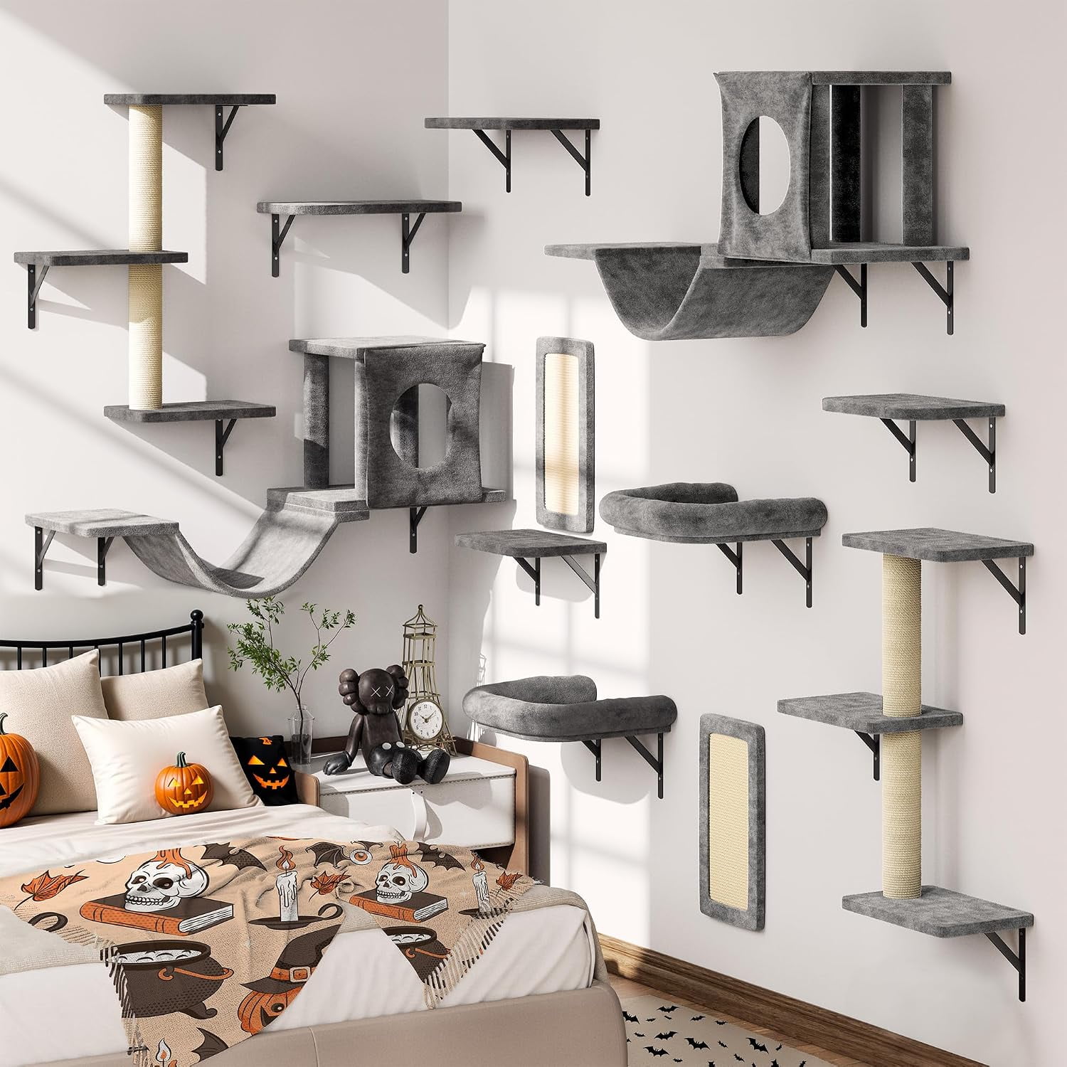 JIZHI 12-in-1 Luxury Cat Wall Shelves Set: Condos, Scratching Post, Bridge & Ladder. Space-Saving Furniture for Kittens, Dark Gray