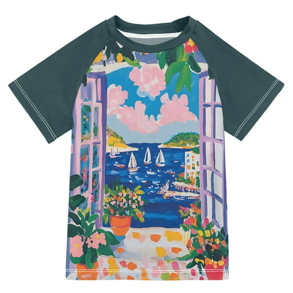FORMRS Boys Rash Guard with Short Sleeves UPF 50  Swim Shirts Sizes 3-12T, Floral Window