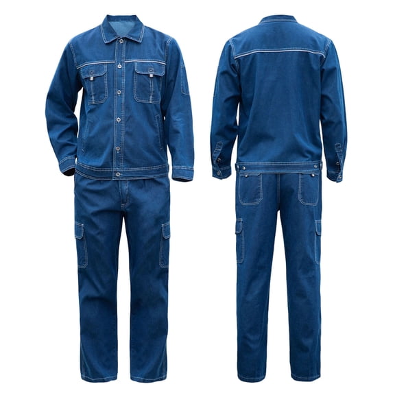 XUNKUSGA Denim 2 Piece Outfits for Men Vintage Solid Color Long Sleeve Button Up Denim Jacket and Cargo Jeans Mens Suits 2 Piece Electrician Construction Labor Safety Suit Blue S
