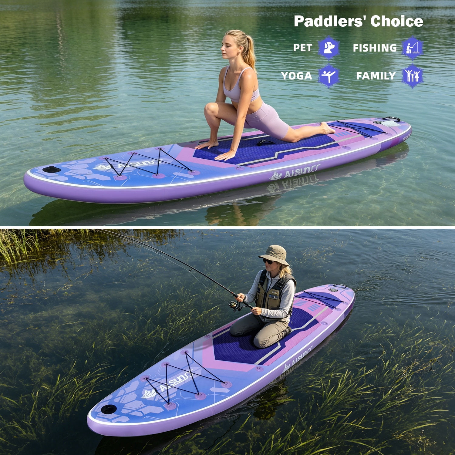 AISUNSS 11FT Inflatable Fishing Stand Up Paddle Board, 6'' Thick Deck, Complete Premium Full SUP Accessories Included