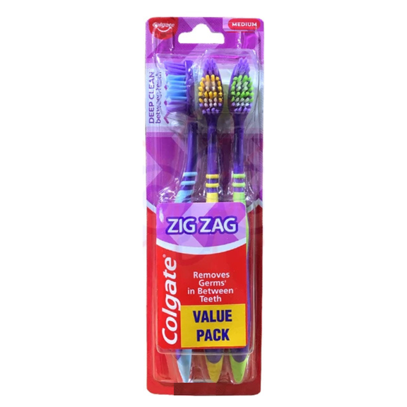 Colgate Zig Zag Medium Toothbrush Manual Brush Value Pack 3 Count
