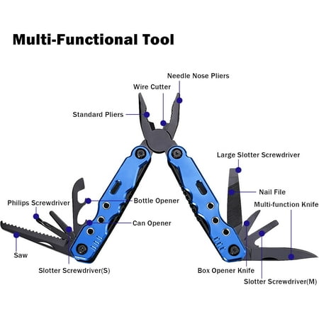 Multitool Pliers Pocket Tool Camping Tool 12 in 1 Multi Tool for Men Multi Tool with Safety Lock Screwdrivers Saw Bottle Opener Sheath for Camping Survival Hiking Simple Repairs - Blue
