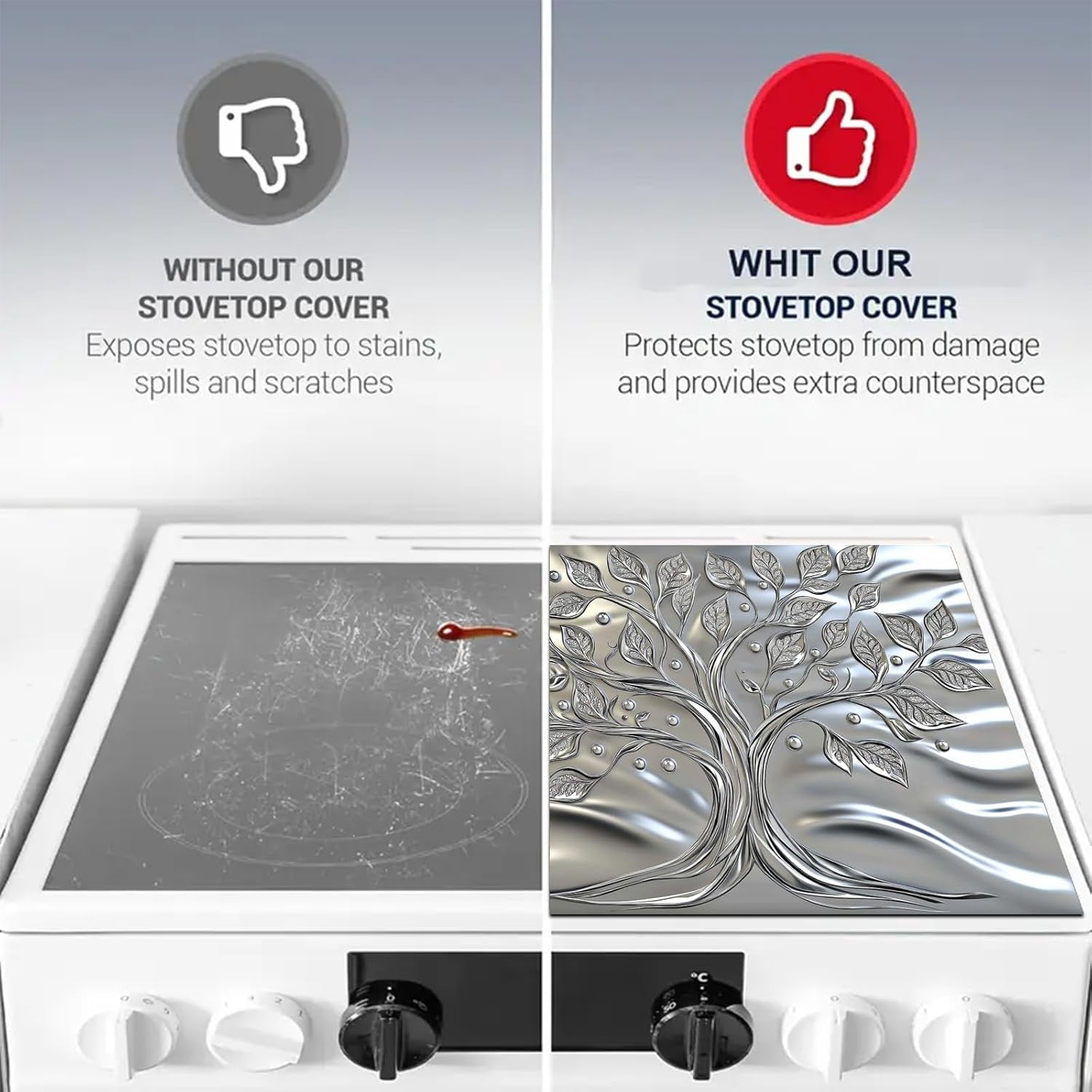 Stove Top Covers Pad Silver Tree of Life Kitchen 28 x 20 inches Diatomite Tree Patterns Stove Top Cover for Electric Fit Kitchen Countertop Coffee Maker Pot Water Mat