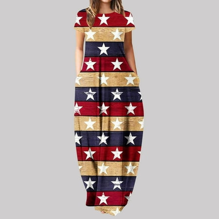 

Hvyesh Summer Dresses for Women 2023 Casual Boho Maxi Dress Red White and Blue Print Crewneck Sundresses Short Sleeve Lightweight Dresses Brown