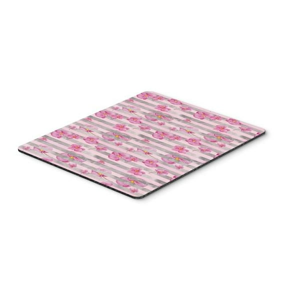 Watercolor Pink Flowers Grey Stripes Mouse Pad - Pink - 9.5 x 0.25 x 8 in