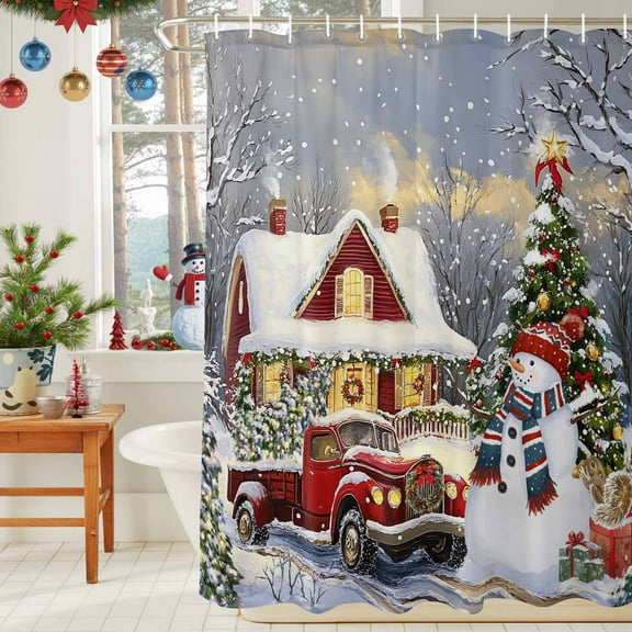 Shower Curtain Bathroom Set Christmas Snowman Pine Tree Red Truck Waterproof Fabric Shower Curtains with Grommets&Hooks Country Snow Scene Privacy Bath Curtain for Bathtub 36x72in