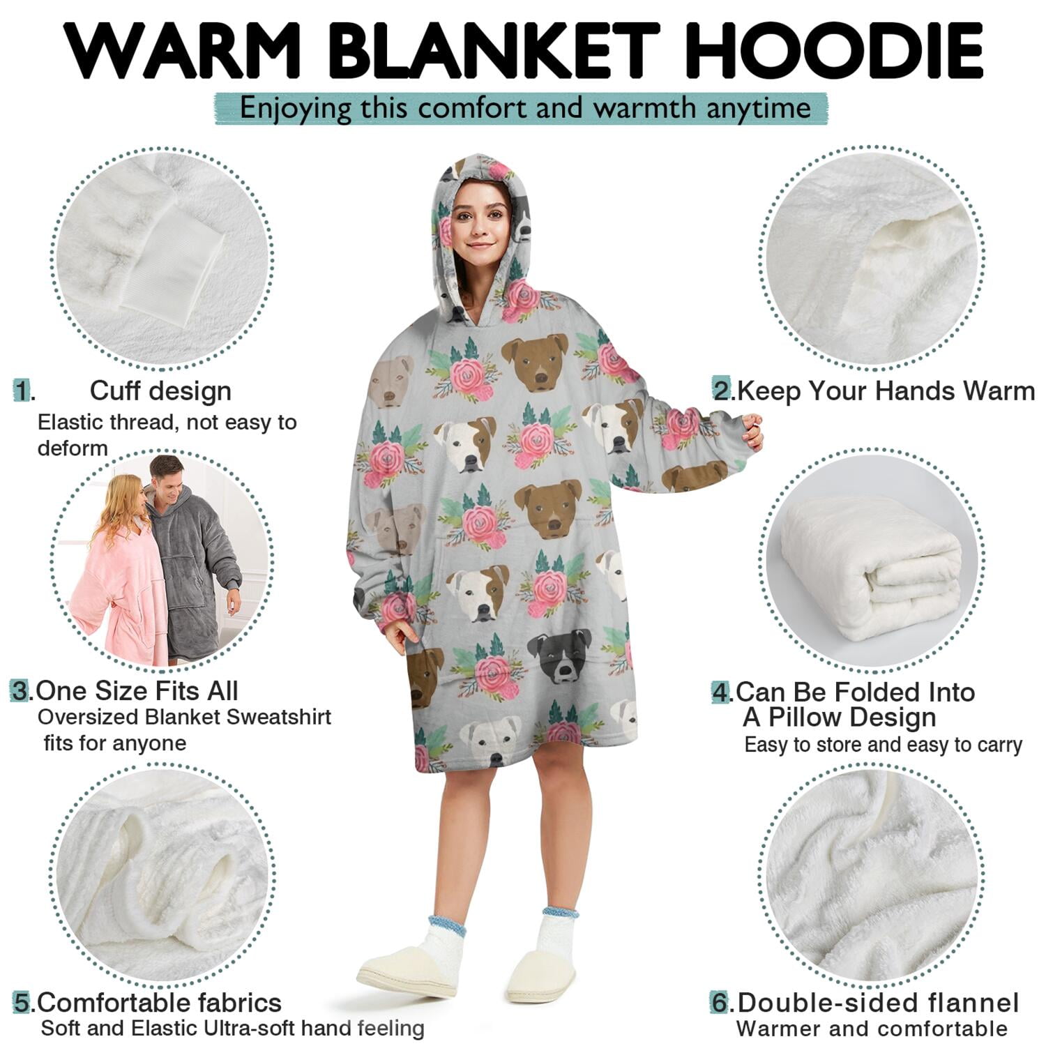 Cute Pitbull Terriers Dog and Flower Wearable Oversized Blanket,Wearable Blanket Hoodie for Adults,Cozy Hooded Blankets with Super Pockets,Super Warm Fuzzy Pullover for Women & Men