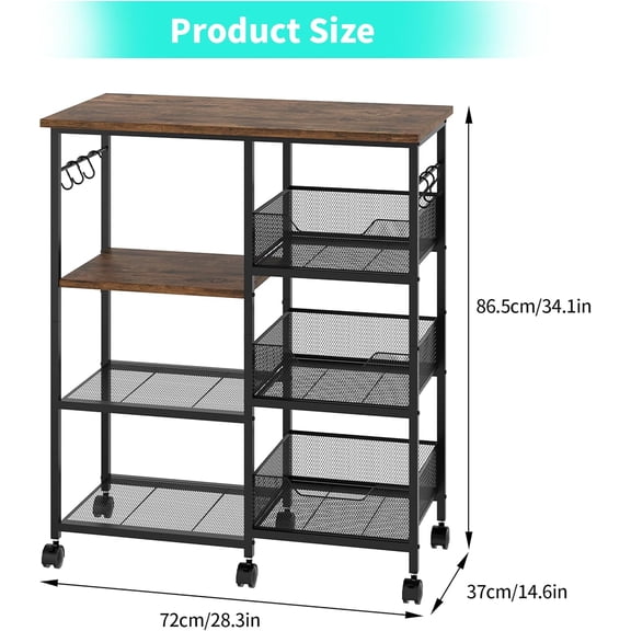 Rolling Kitchen Cart with Microwave Stand, 3-Tier Storage Rack with Hooks and Baskets for Coffee Bar Office