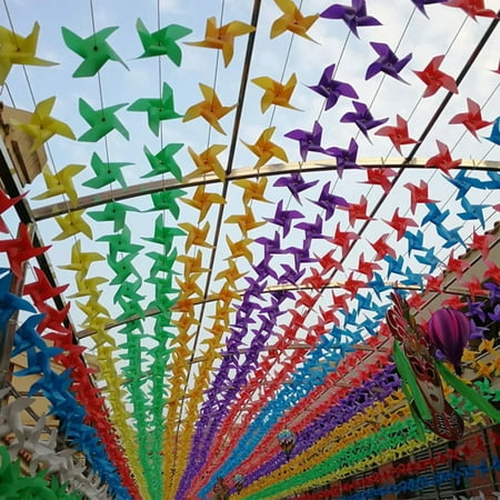 

DEKAXID 100pcs + 30M Wire Rope + Fitting Waterproof Resistance Damage Plastic Windmill Toys Garden Lawn Party Decor Toy Gift for Kids