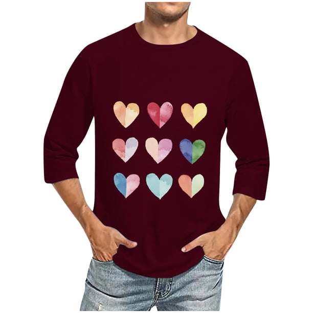 Camisas de Manga Larga para los Hombres Día de San Valentín Impresión Cuello Redondo Moda Casual, Mezcla de Poliéster de Lino de Algodón para Primavera Verano