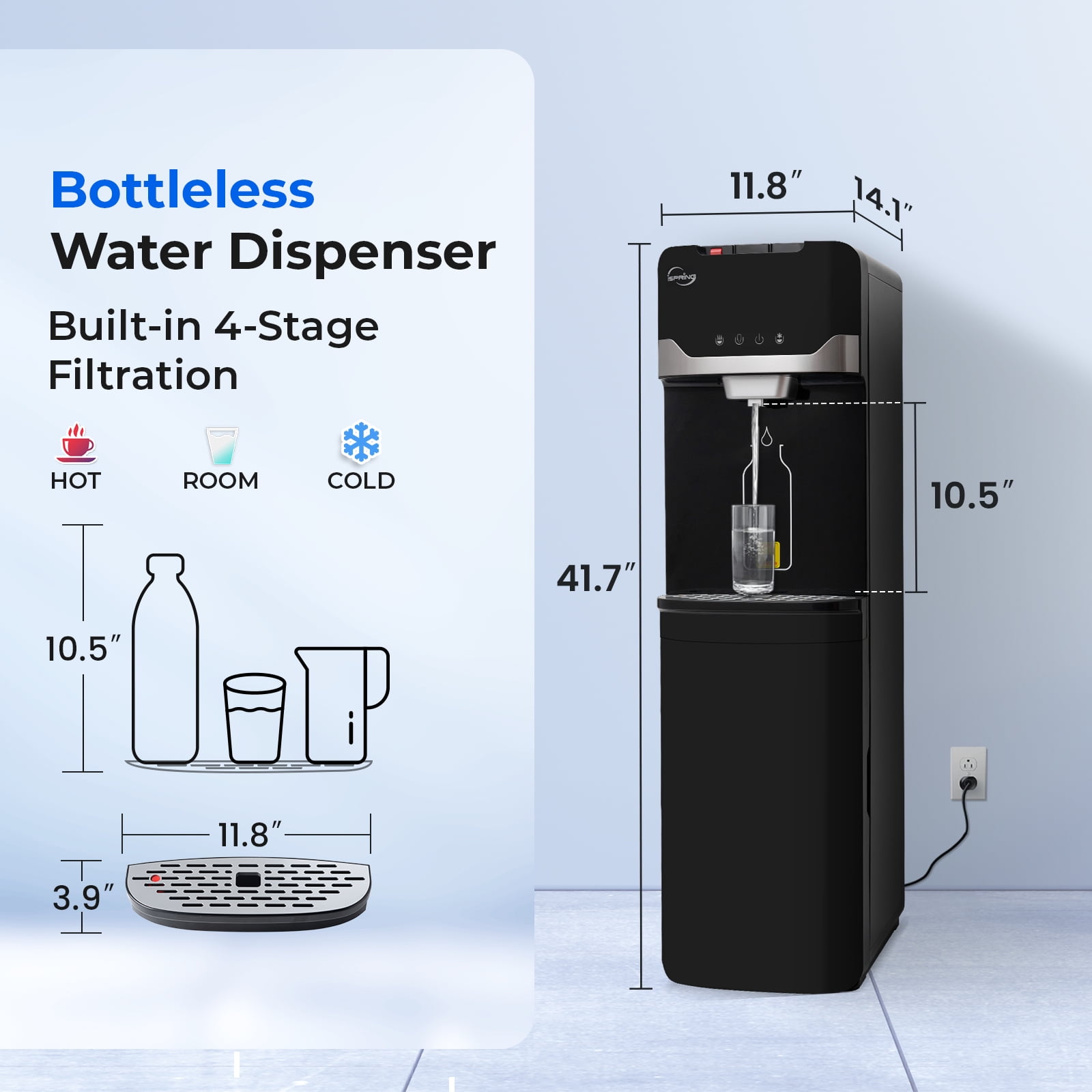 iSpring Bottleless Water Dispenser with 4-Stage Filtration, SGS-Tested 99% of PFAS Removal, Water Cooler Dispenser - Hot, Cold, Room Temp, Self Cleaning, Black, Model: DS4B-PF