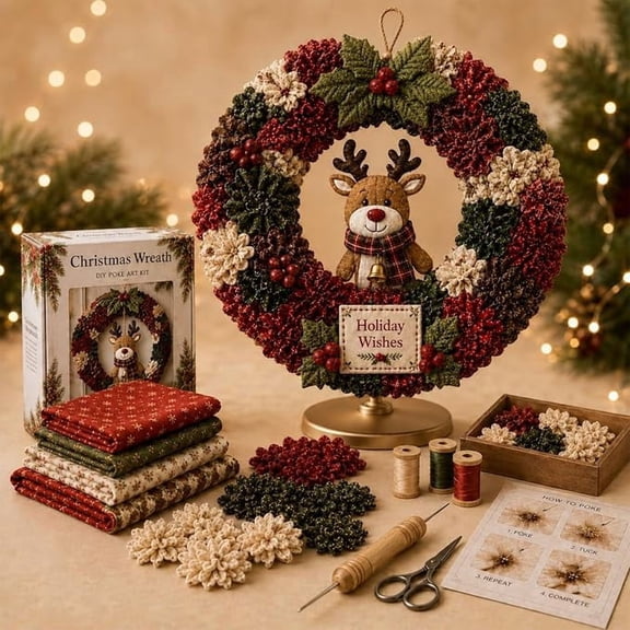 3D Fabric Punch Needle Wreath DIY Kit, Christmas Fabric Wreath Craft Kit — Beginner-Friendly No-Sew Craft Set for Front Door Decor & Gifts, Meaningful Holiday Home Decor (Christmas Elk Design)