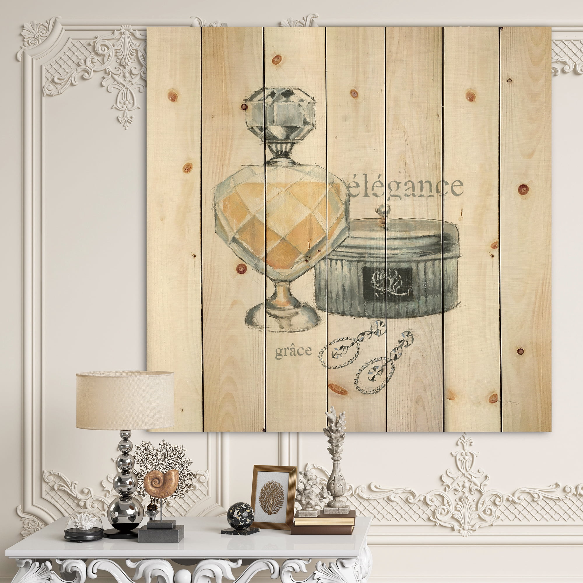 Designart 'Perfume Glam Bathroom II' Traditional Bathroom Print on Natural Pine Wood