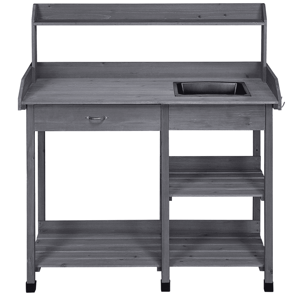 Renwick Fir Garden Potting Bench w/Sink Drawer Rack Shelves,Gray