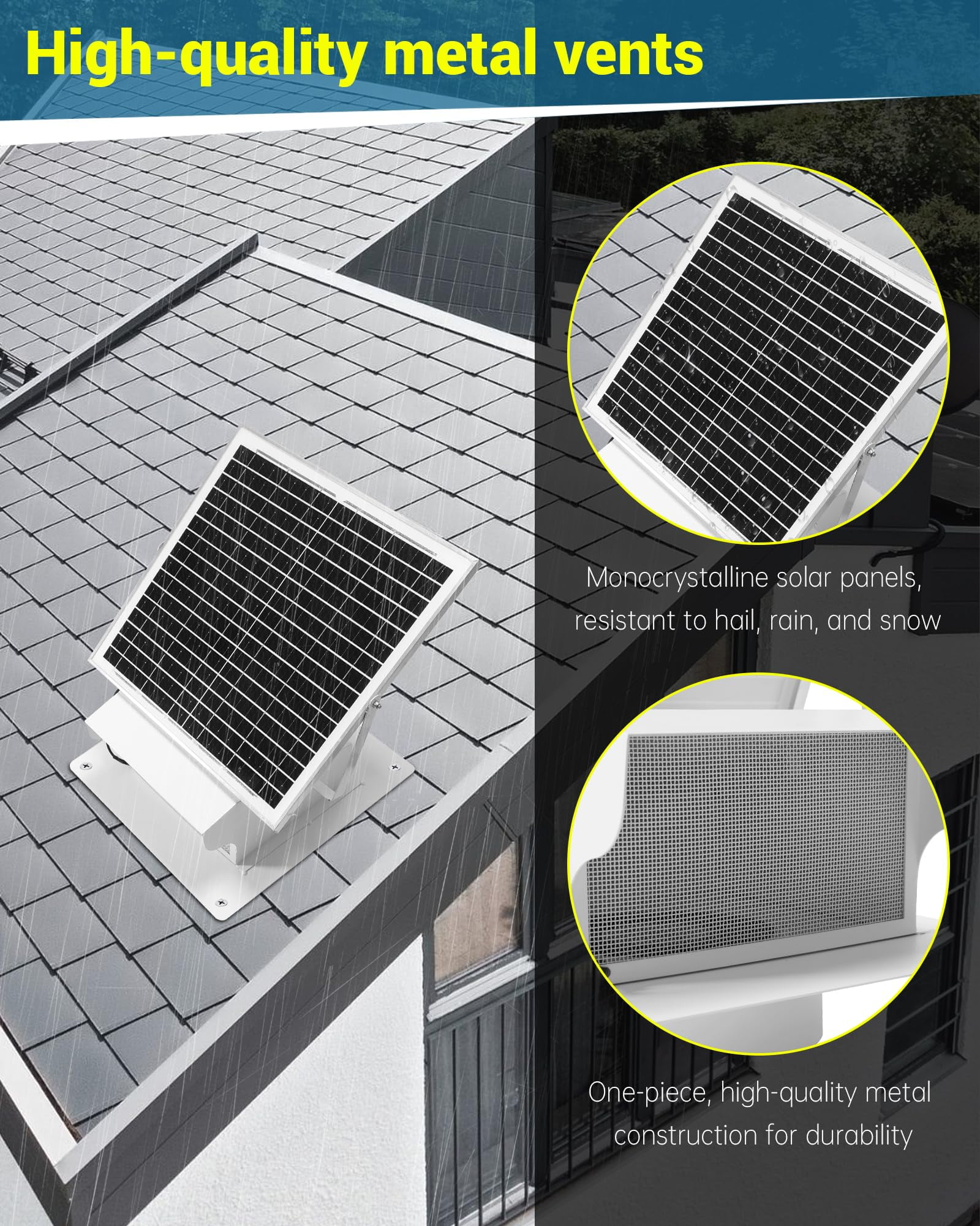 25W Solar Powered Roof Vent Fan,Ventilation and Cooling Solar Attic Exhaust Fan with 8 Inch Removable Roof Vents, Suitable for Lofts, Shops, Garages