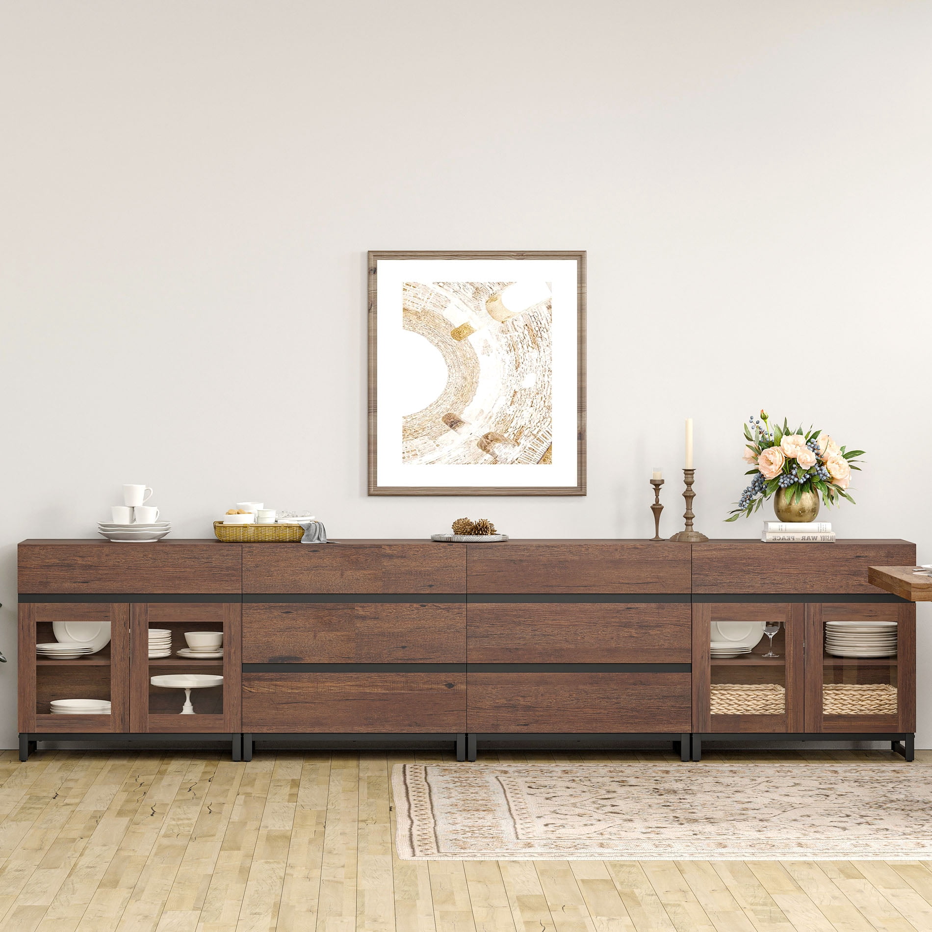 4-In-1 Storage Sideboard with Glass Doors, 8 Drawers and Adjustable Shelf, Sturdy Metal Base Buffet Cabinet for Kitchen Living Room,Brown