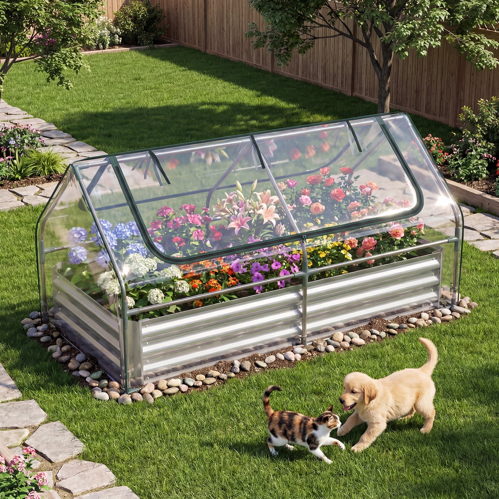 Gymax Galvanized Steel Raised Garden Bed Metal Planter Box Kit w/ Mini Greenhouse Cover