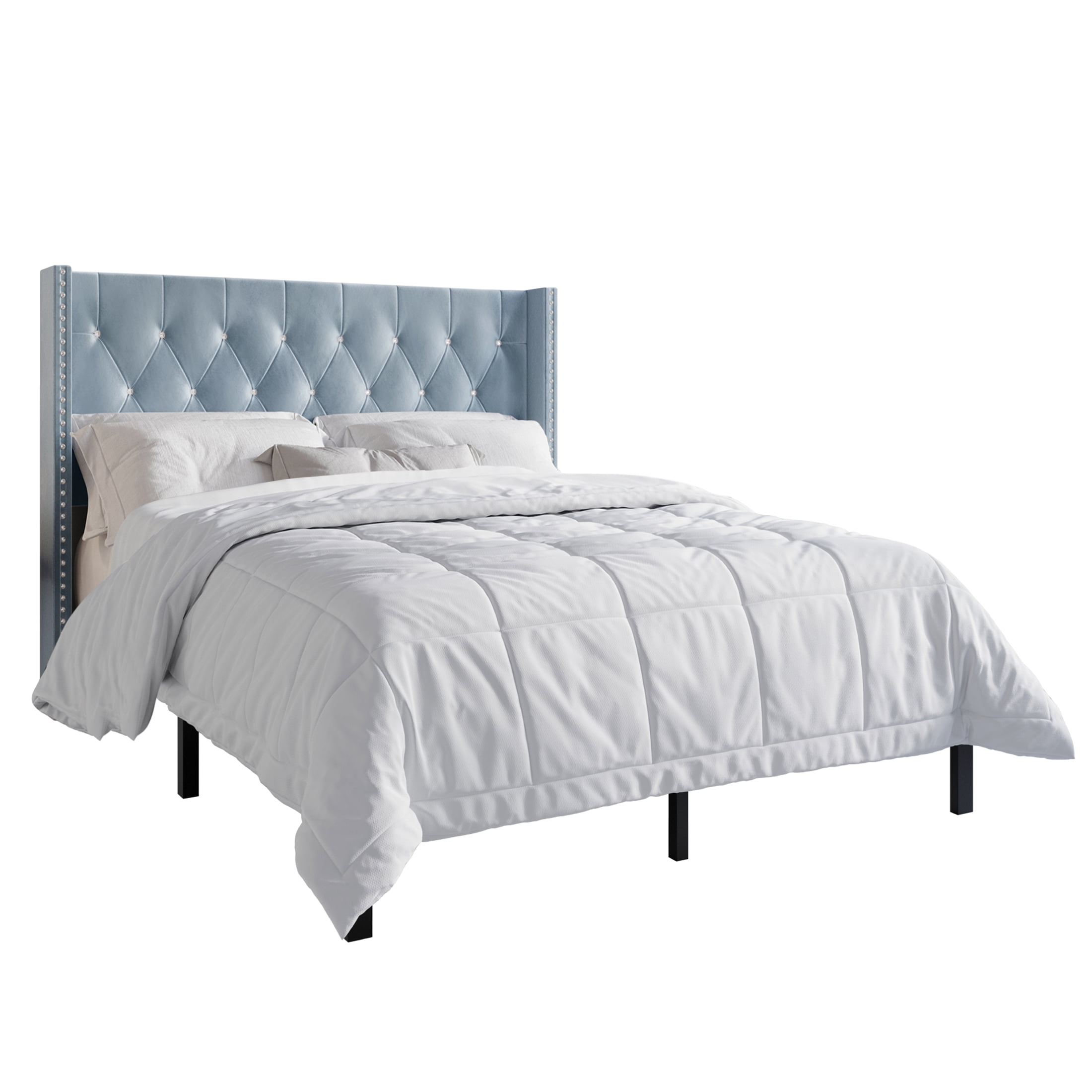 Castle Place Button Tufted Wingback Velvet Upholstered Bed with 2 Nightstands, Light Blue, Queen