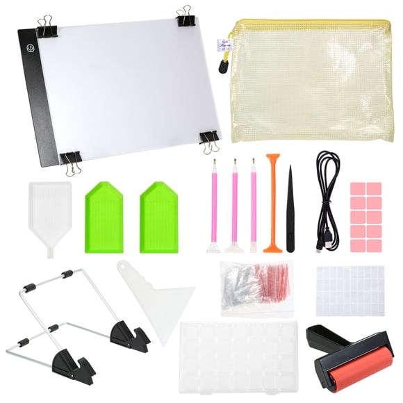 130 Pieces DIY Diamonds Jewel Paint Tools and Accessories Kits with A4 Tracing Light Box Multi-Size Diamond Pen Tray Kits Fix Tool Diamond Jewel Paint Roller 28 Slots Embroidery Box for Adults Kids