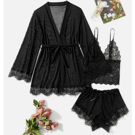 SkyAuks Women s Robes  Sexy Robes for Women 3 Pieces Lace Lingerie Set Satin Bridal Pajama Silk V-Neck Sleepwear  Floral Lace Cami Sleepwear  Black(L)