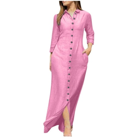 Ersazi Dresses for Women 2024 in Clearance Women s Fashion Casual Color Turndown Collar Loose and Comfortable Sleeve Dress Pink L