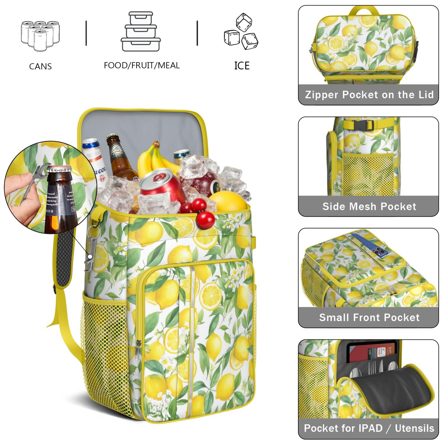 Travel Cooler Bag - Lemon Camping Beer Cooler Backpack with Bottle Opener- Waterproof Insulated Picnic Backpacks - Cooler Bag for Beach