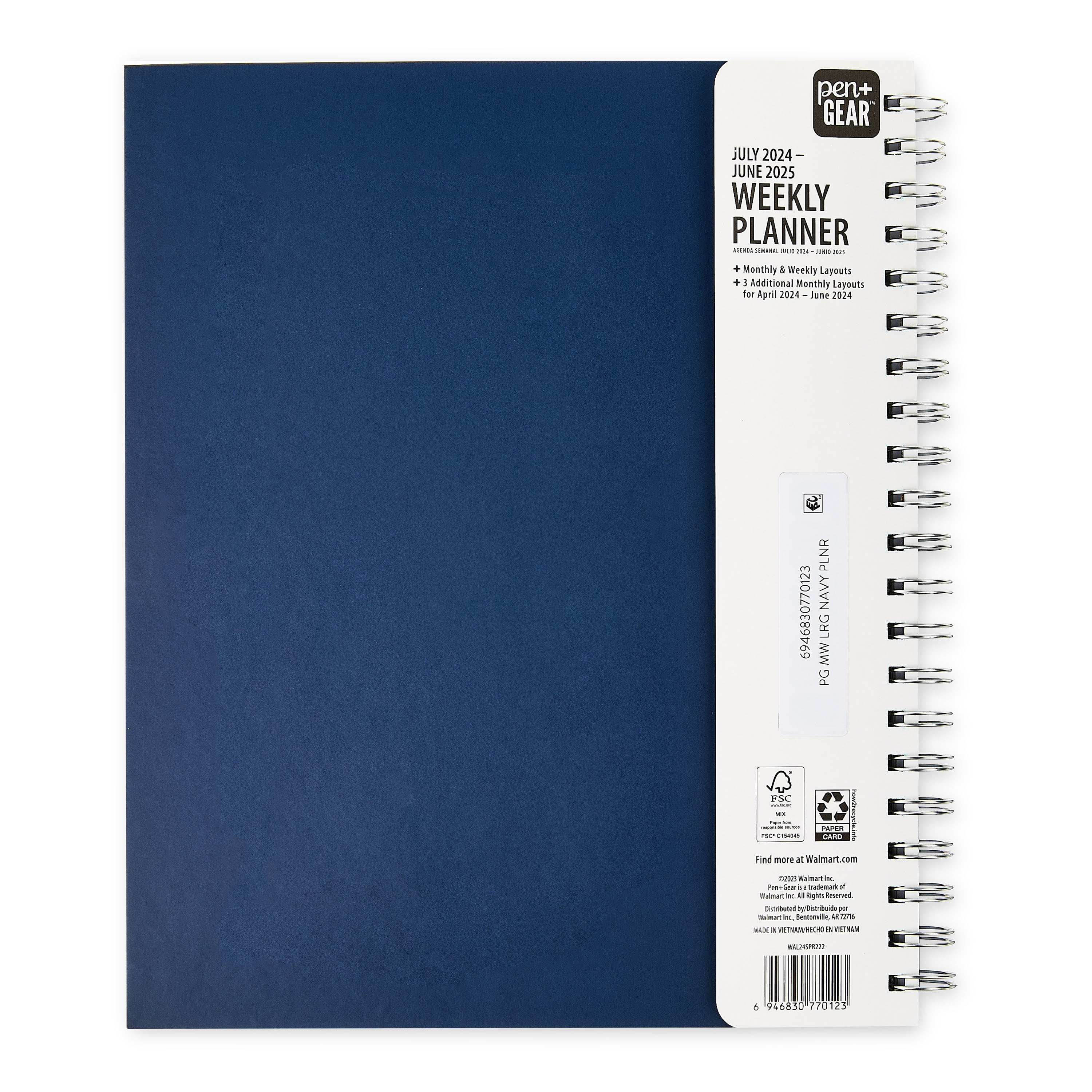 Pen+Gear Weekly Planner, 9" x 11", Navy Blue, July 2024 to June 2025