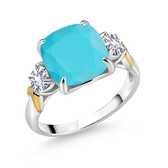 Gem Stone King 925 Silver and 10K Yellow Gold Green Turquoise and White Created Sapphire 3 Stone Ring for Women (3.50 Cttw, Gemstone Birthstone, Cushion 10MM, Round 4MM, Size 6)