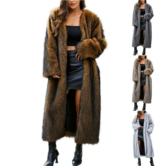 Ashirexll Womens Winter Coats, Jackets for Women Trendy, Womens Warm Faux Furry Long Coat Winter Solid V-Neck Outerwear