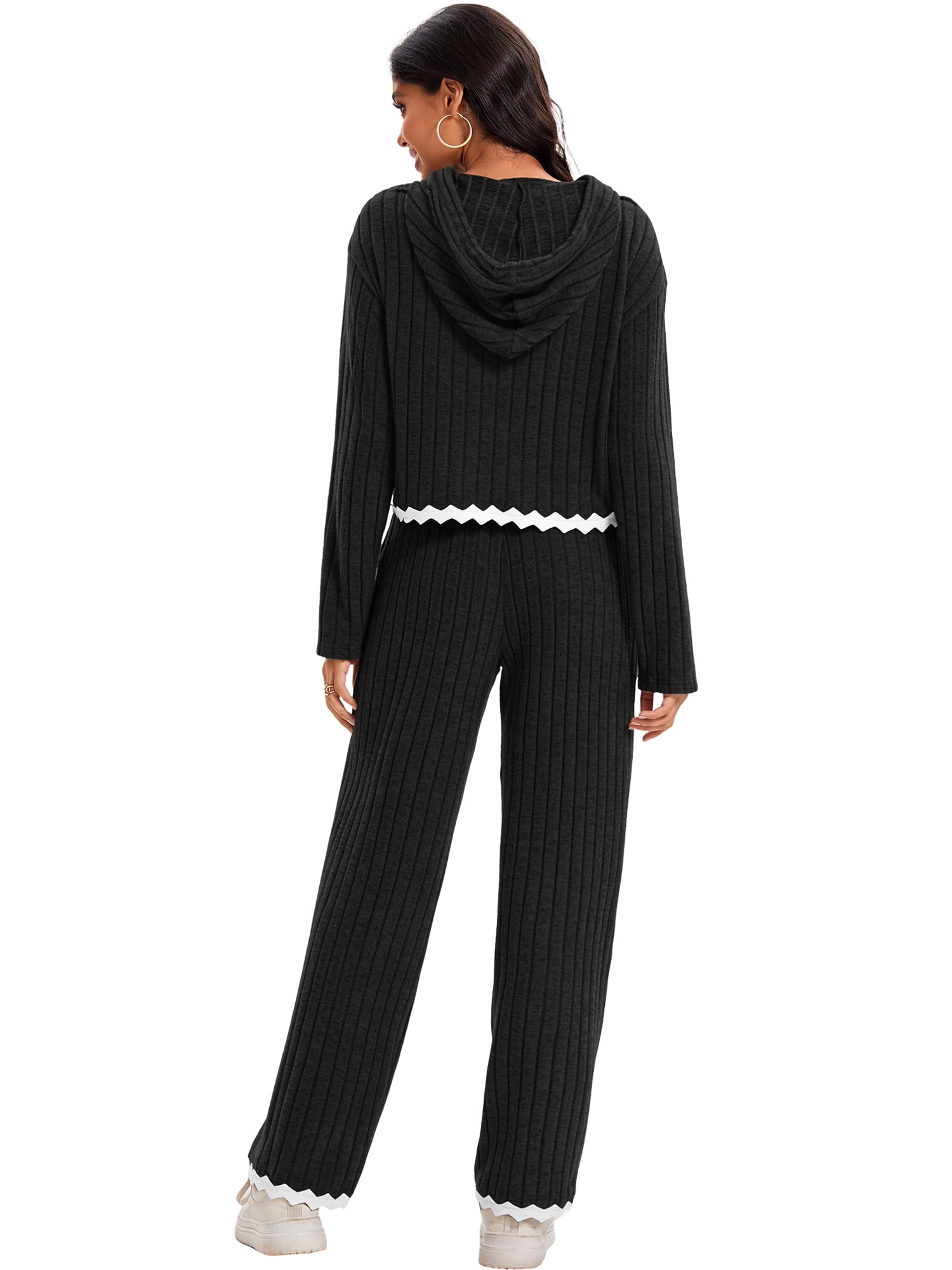 DARING DIVA Women's Lounge Set with Wide Leg Pant and Hoodie Top S Black