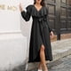 thumbnail image 4 of Laklulu Vestido Sexy con Cuello en V y Volantes de Manga Larga con Lazo en la Cintura Informal con Falda Larga y Columpio para Mujer - Negro,Negro,XL, 4 of 6