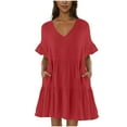 thumbnail image 2 of PiGOGI Women's Casual V-Neck Short Sleeve Mini Dress - Solid Color Pullover Flowy Skirt Dress - Summer Loose Fit Sundress Red, 2 of 8
