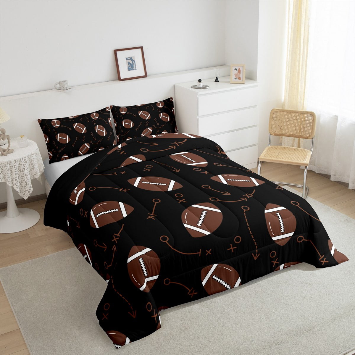 jejeloiu Brown Rugby Queen Comforter Set,Sports Theme Bedding Sets,American Ball Bedding Comforter Set For Boys Kids,Room Decor Super Cozyation Reversible,3 Pieces