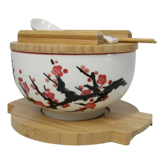 White Ume Plum Blossoms Donburi Ramen Bowl With Lid Trivet Spoon Chopsticks Set