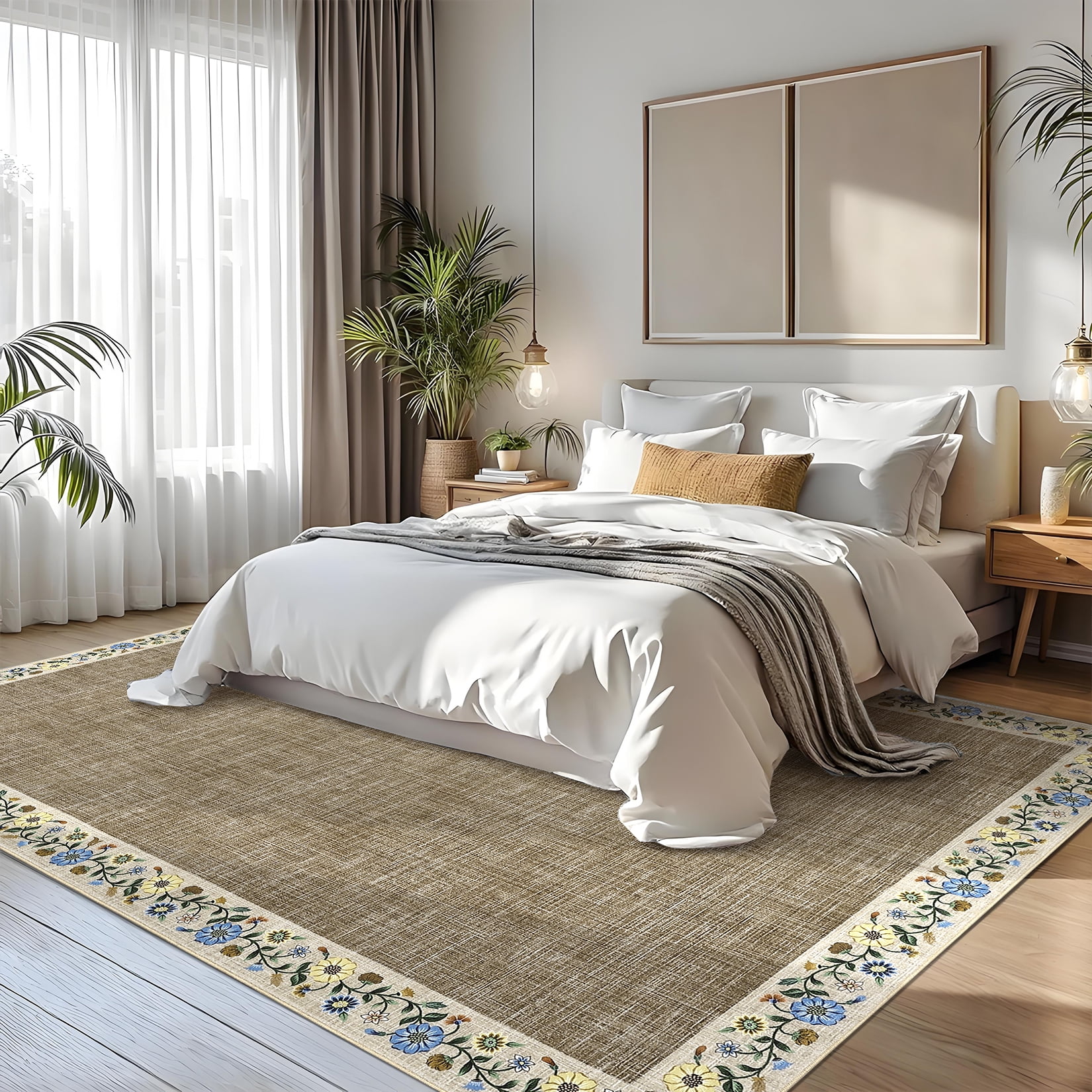 HOMERRY Large Floral Border Non-Shedding Area Rug 9' x 12' for Living Room Washable Indoor Carpet, Dark Camel