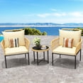 thumbnail image 1 of 3-piece rattan patio chaise lounges featuring beige cushions, 1 of 6