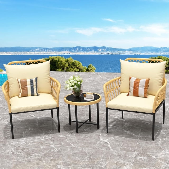 3-piece rattan patio chaise lounges featuring beige cushions