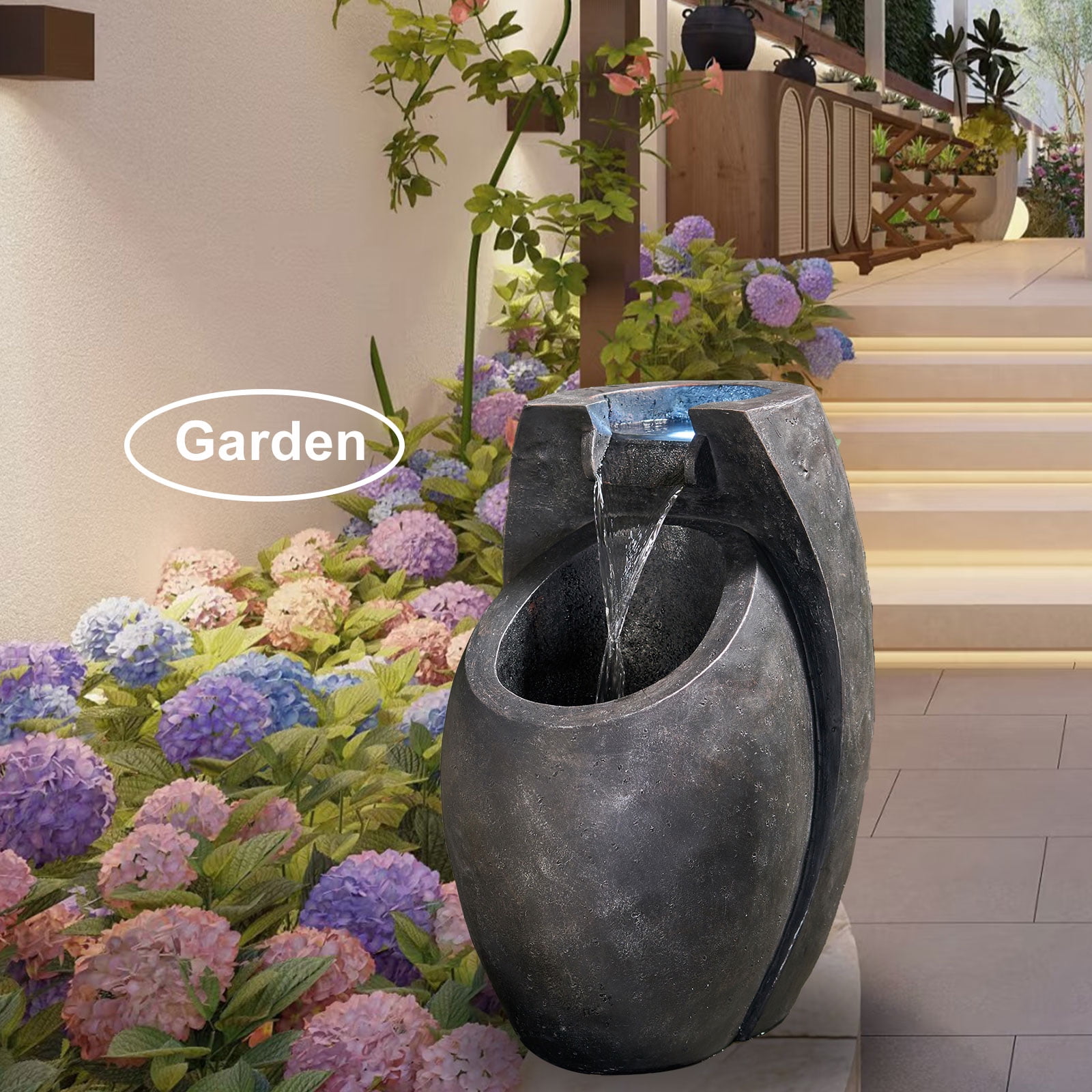 21.5 Tall Floor Standing Water Fountain Indoor Outdoor Modern Two Tier Waterfall Garden Patio Yard Decor