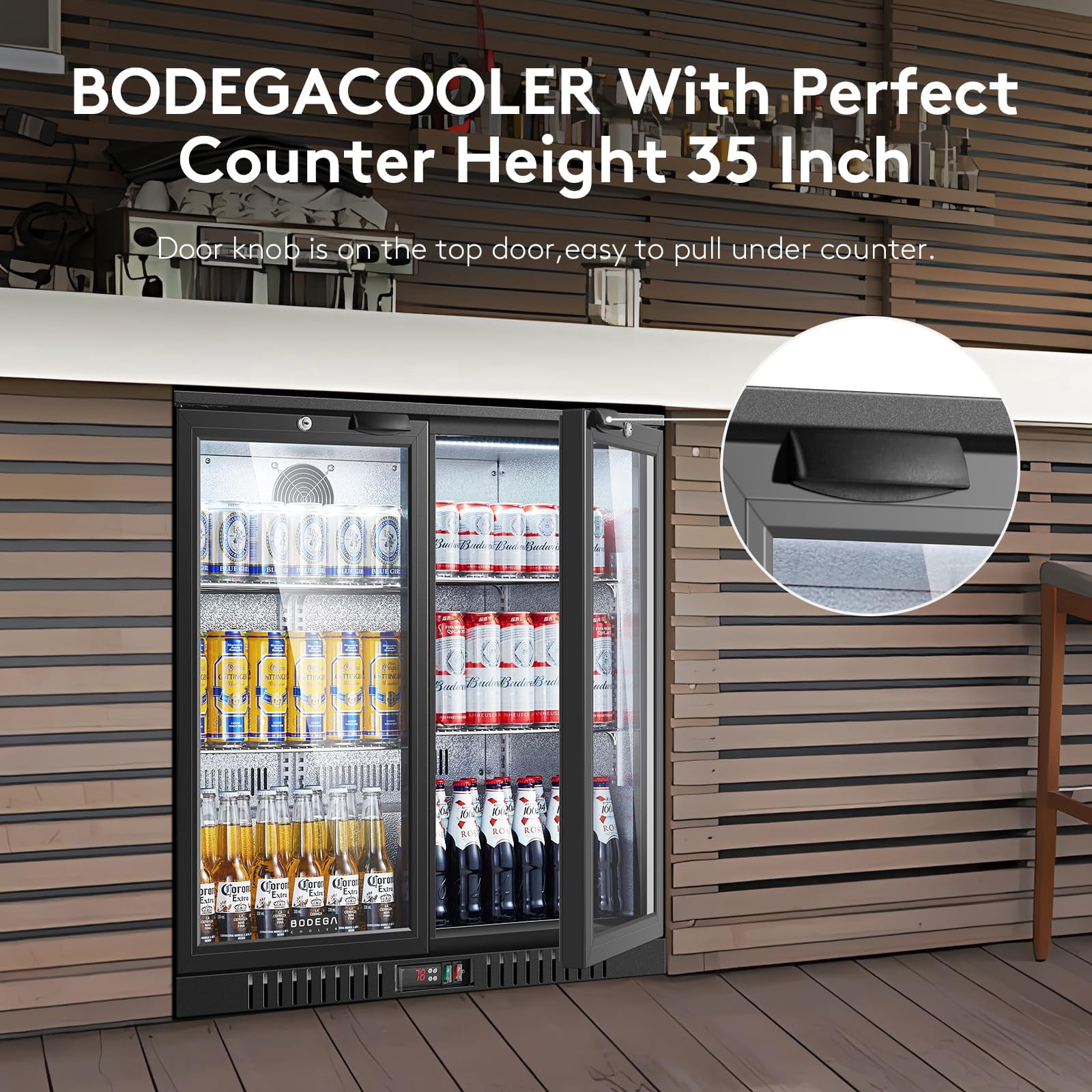 BODEGA 35.4 Inch Under Counter Beverage Refrigerator  2 Door Back Bar Cooler Dual Zone 32–50°F, 7.4 cu.ft Built-in or Freestanding Glass Door Fridge with LED Lighting