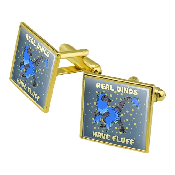 Real Dinos Have Fluff Raptor Dinosaur Square Cufflink Set - Silver or Gold