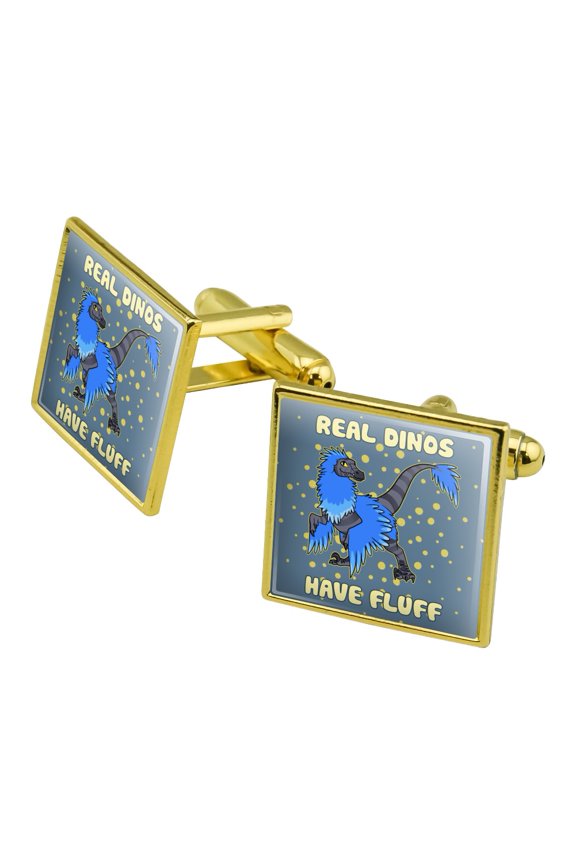 Real Dinos Have Fluff Raptor Dinosaur Square Cufflink Set - Silver or Gold