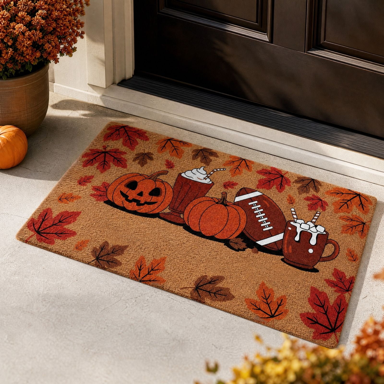 Halloween Pumpkin Coir Doormat Faux Coir Doormat with Pumpkin Football and Leaves Design 24 Inch for Front Porch Fall Front Door Decor