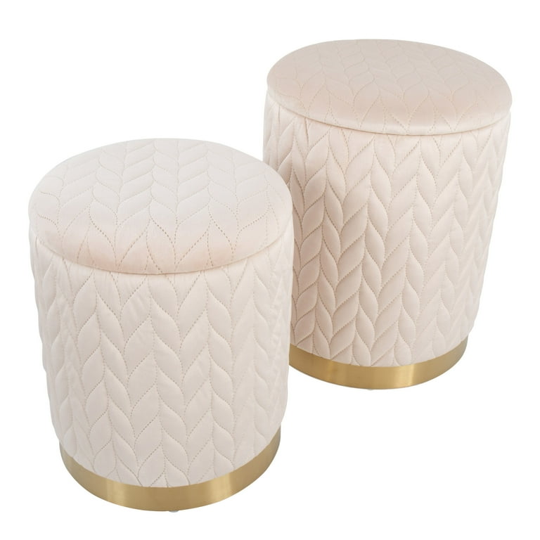 2 Piece Glam Quilted Ottomans Modern Home Nesting Foot Stool with Gold Metal Finish and Cream Velvet for Living Room Bedroom Reading Area Office
