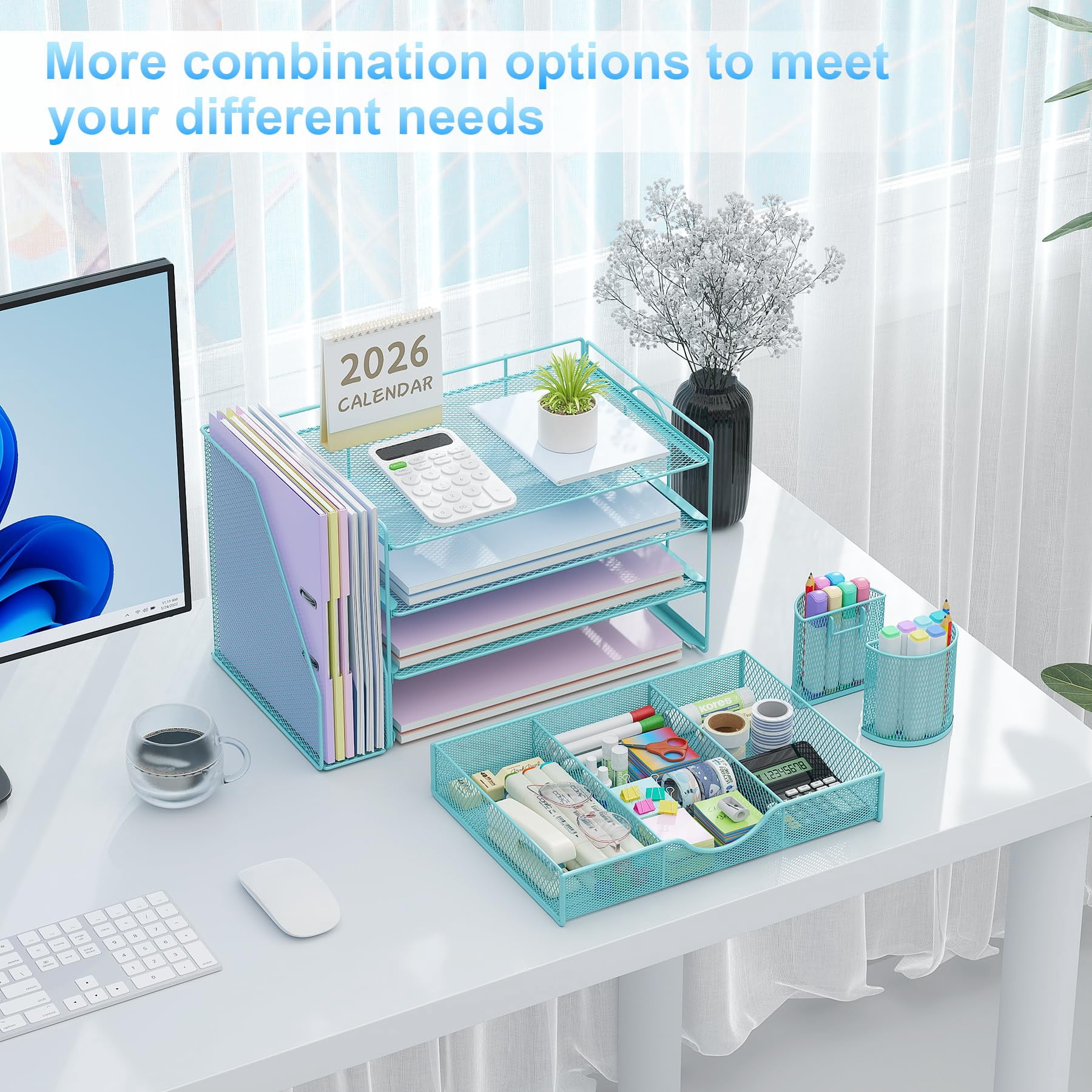 Desk Organizers And Accessories With File Holder  4-tier & Workspace Drawer 2 Pen Paper Organizer For Office Supplies (blue)