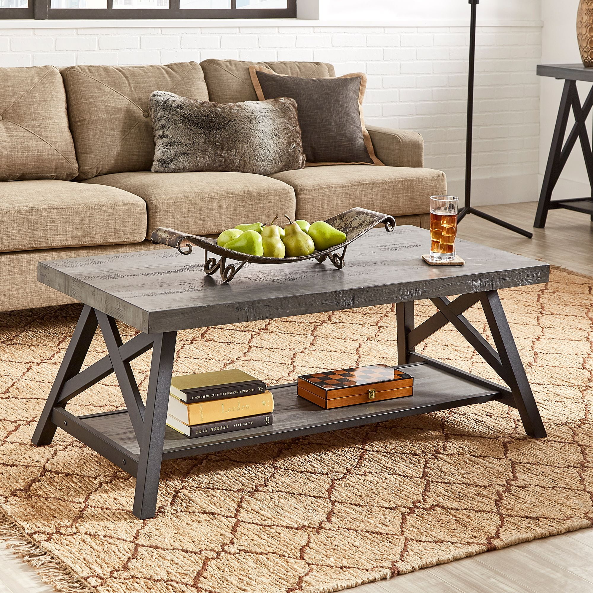 Weston Home Westyn Rustic X Base Wood Rectangular Coffee Table, Gray